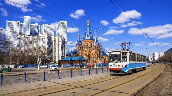 The city\'s tram on the street of Moscow, Russia