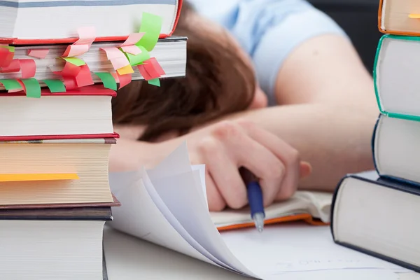 Overworked student sleeping on desk