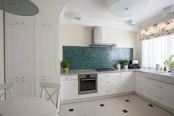 Elegant kitchen with turquoise wall