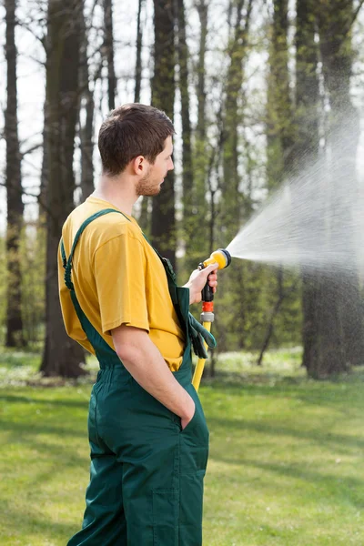 Pouring water with garden hose