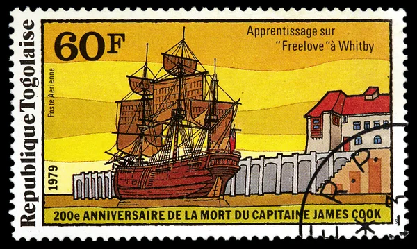 TOGOLESE REPUBLIC - CIRCA 1979: a stamp shows a research vessel of James Cook expedition