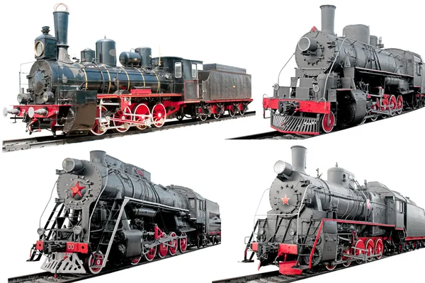 Set of antique steam locomotives on white background