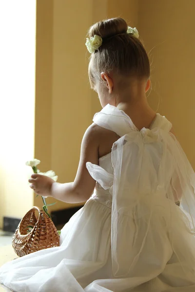 Back of little girl in the beautiful dress