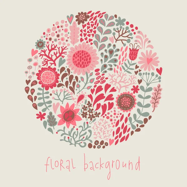 Ornamental round floral pattern, circle background with cute details. Round shape made of eaves and different flowers. Summer background. Bright summer outlines made from flowers.