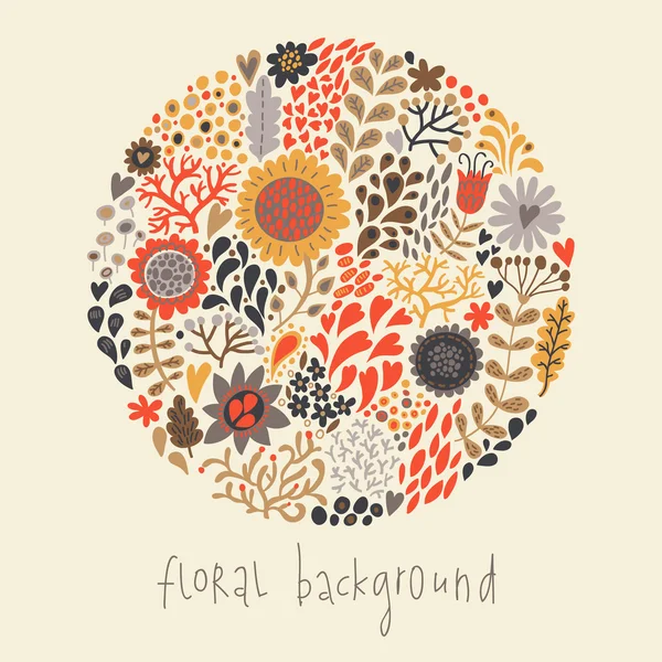 Ornamental round floral pattern, circle background with cute details. Round shape made of eaves and different flowers. Summer background. Bright summer outlines made from flowers.