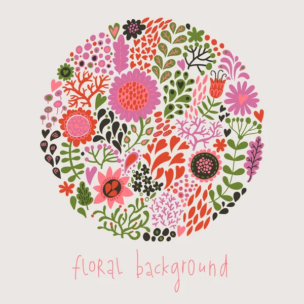 Ornamental round floral pattern, circle background with cute details. Round shape made of eaves and different flowers. Summer background. Bright summer outlines made from flowers.