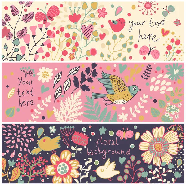Bright floral banners in vector. Birds and butterflies in flowers. Summer concept cards