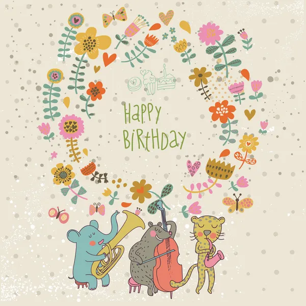 Happy birthday card. Cartoon funny animals elephant, bear and leopard wishes happy birthday. Vector illustration