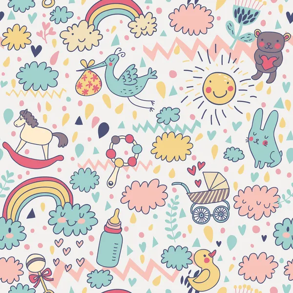 Concept baby's seamless pattern. Toys, children's clothes, animals in the sky. Best pattern for wrapping paper for babies