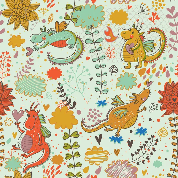 Cartoon dragons in flowers. Childish bright floral seamless pattern in vector