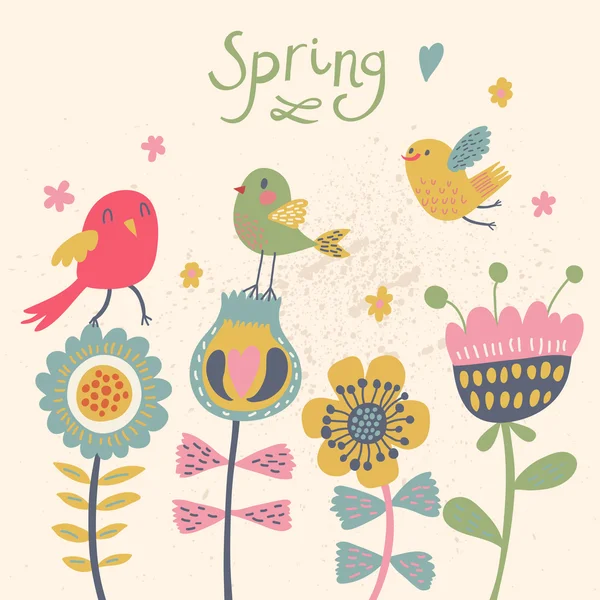 Cute cartoon birds on flowers. Bright floral background in vector. Childish vintage elements