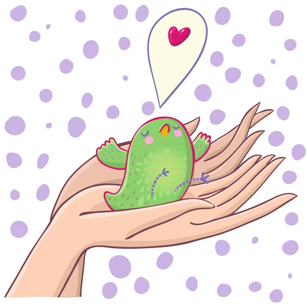 Touching bird holding in hands with care - cartoon vector illustration