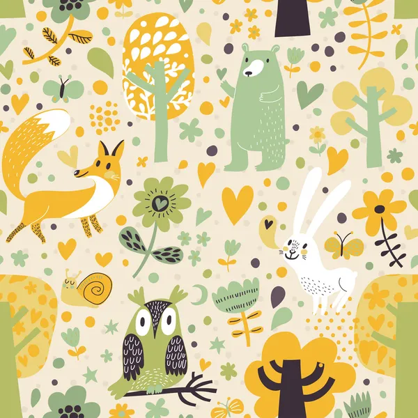 Stylish floral seamless pattern with forest animals