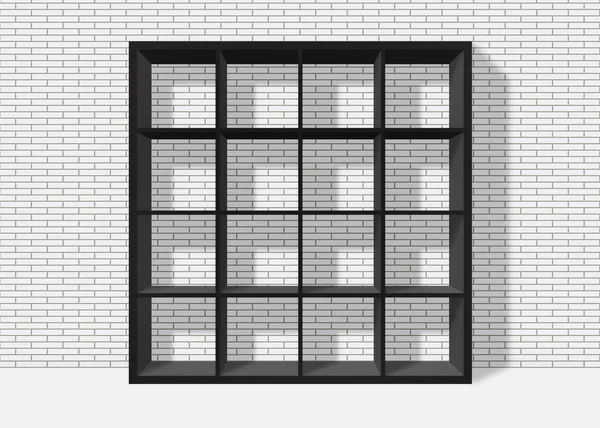 Black empty square bookshelf on white brick wall background