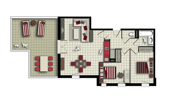 Three-room apartment in red and beige colors top view
