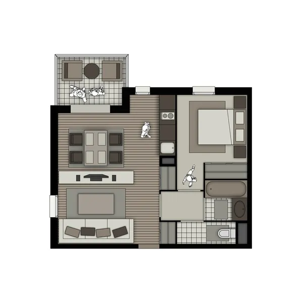Two rooms apartment with balcony beige interior