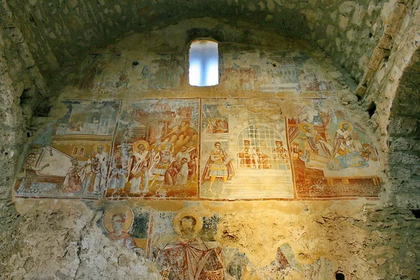 Ancient fresco paintings on the byzantine fortress of Mystras