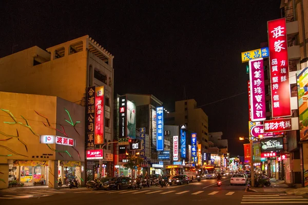Taiwan's Chiayi City street shops in the mountain night