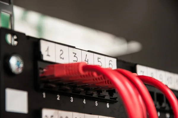 Patch panel with red cables