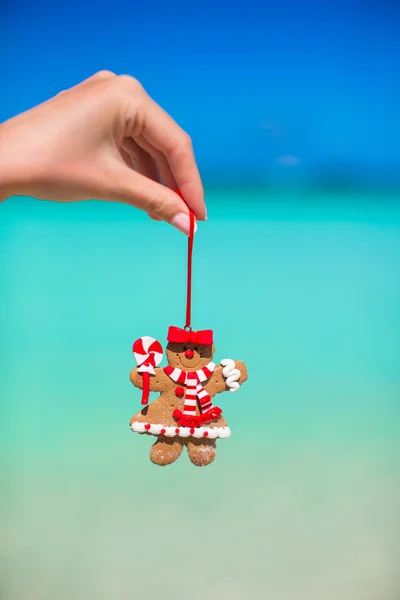 Christmas gingerbread man in hand against the turquoise sea