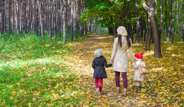 Little cute girls and young mother in autumn park