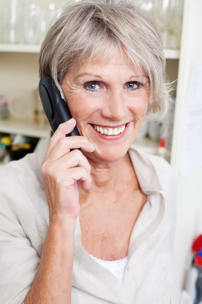 Smiling senior lady talking on a telephone