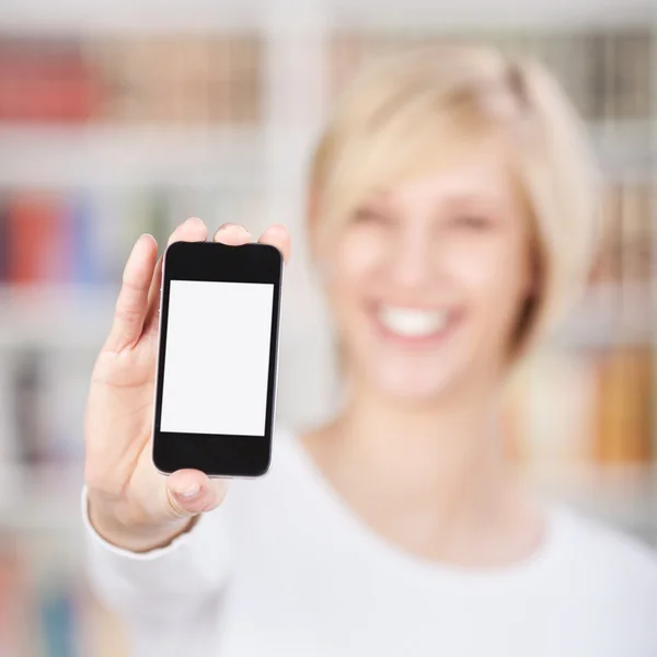 Woman Displaying Mobile Phone In Library