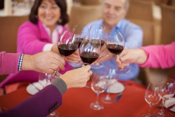 Elderly friends saying cheers with red wine