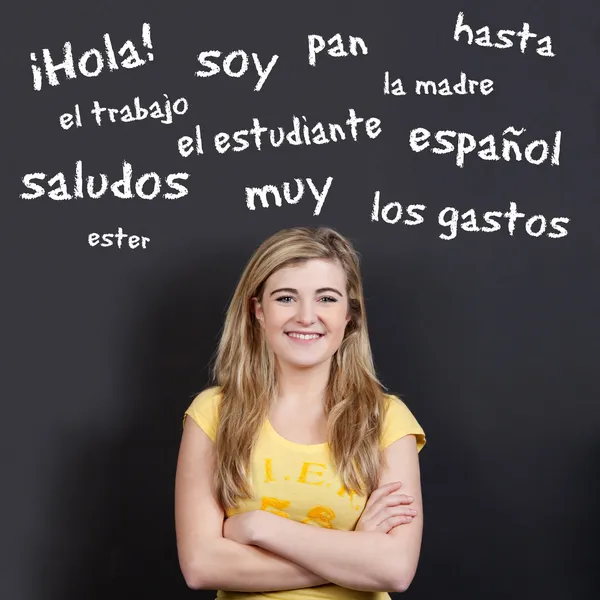 Confident Smiling Teenage Girl Against Spanish Vocabulary