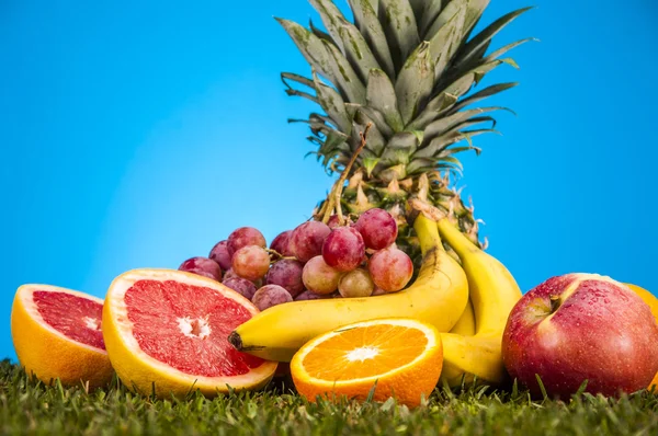 Fitness theme with fruits, bright background