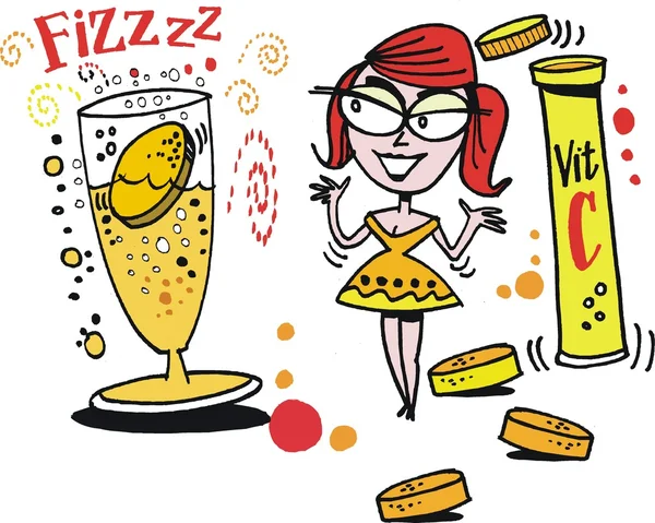 Vector cartoon of happy woman with Vitamin C fizzy tablet
