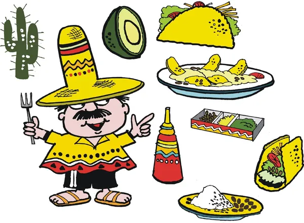 Vector cartoon of smiling man with Mexican food dishes.