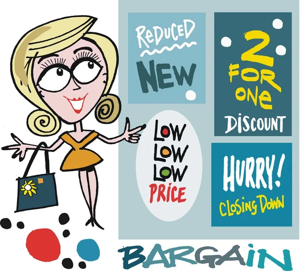Vector cartoon of smiling woman with shopping bargain signs