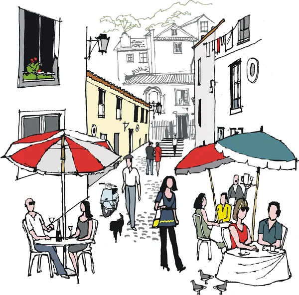 Vector illustration of street cafe and diners, Monchique, Portugal.