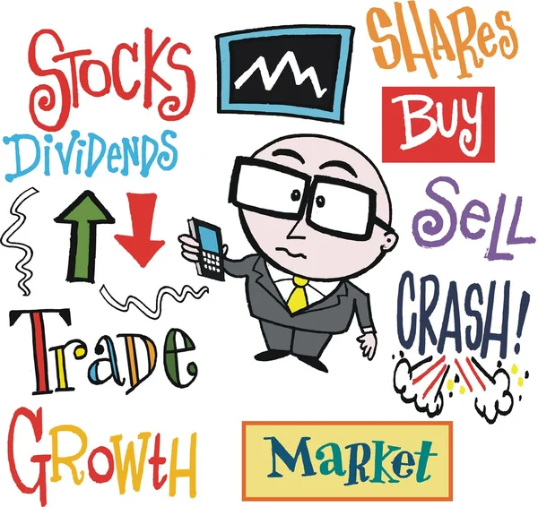 Vector cartoon of stock exchange trader with mobile phone.