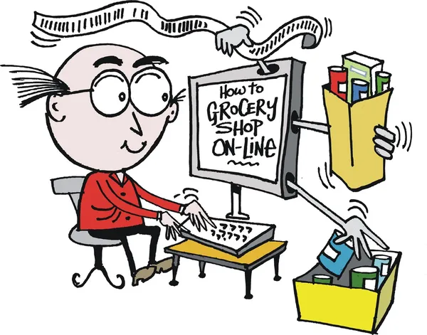 Vector cartoon of man shopping for groceries on internet