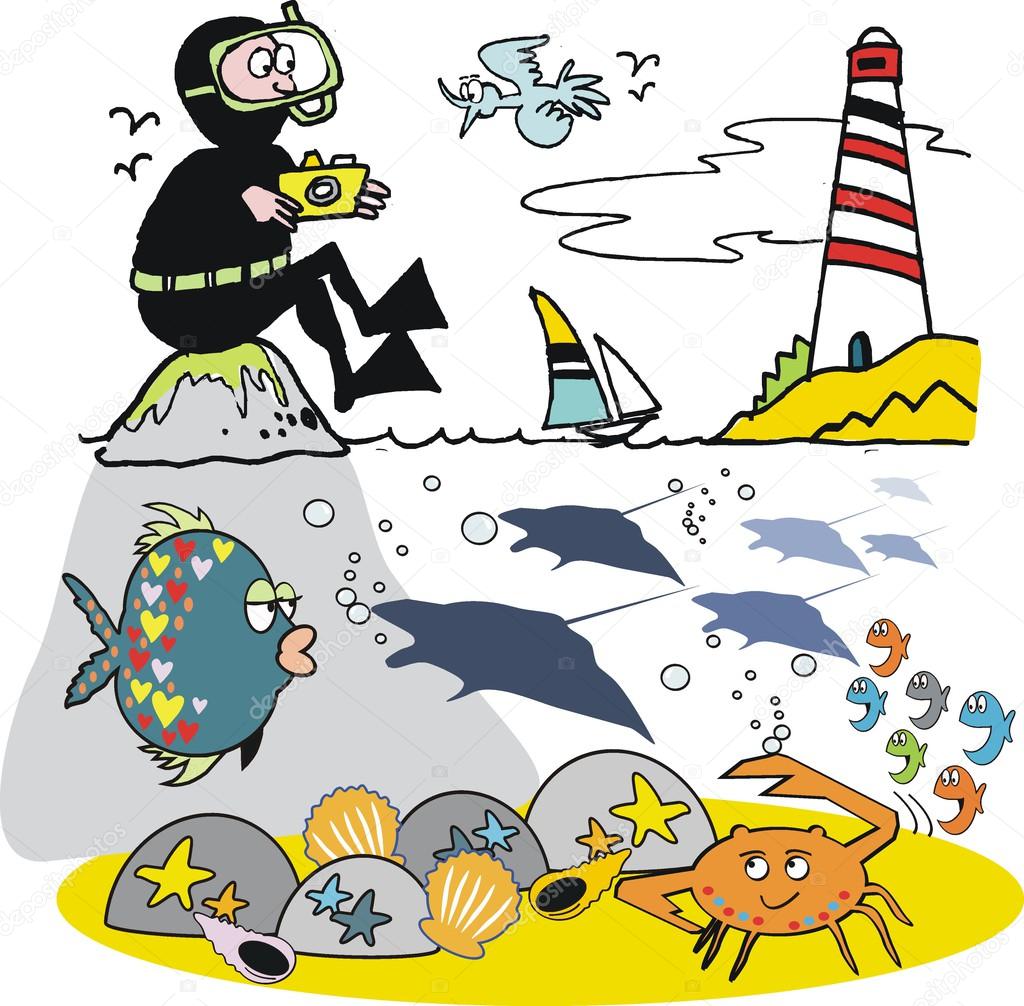 dibujos animados de vector de buzo piel sentado sobre roca con los dibujos animados de vector de buzo piel sentado sobre roca con los