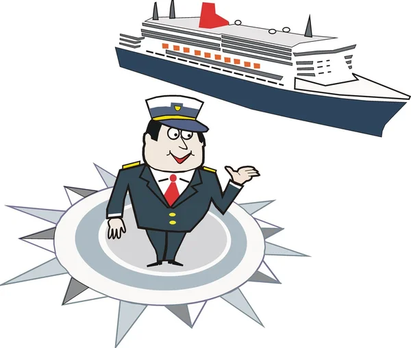 Vector cartoon of ship\'s captain standing on compass rose with cruise liner in background.