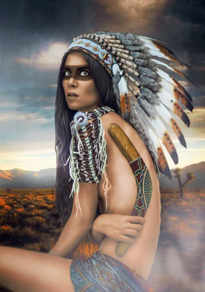 Young woman in costume of American Indian