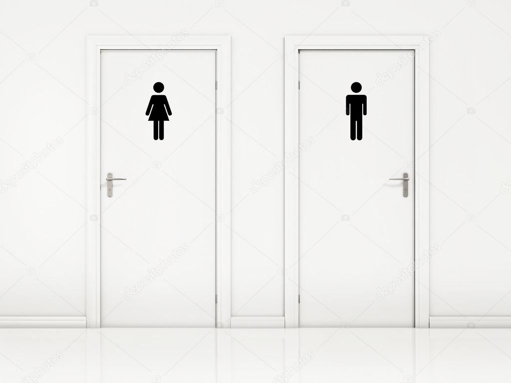 Portas de banheiro feminino e masculino, parede branca e preta sinal — Foto -> Sinal Banheiro Feminino Portas de banheiro feminino e masculino, parede branca e preta sinal — Foto -> Sinal Banheiro Feminino