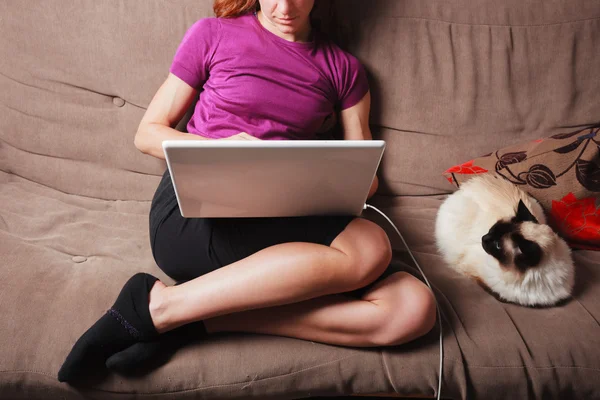 Young woman using laptop computer with cat next to her
