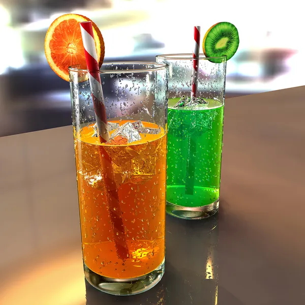 Two glasses on a table with droplets, colored liquids, straws, ice cubes and fruits