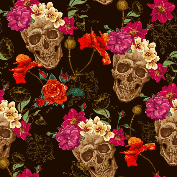 Skull and Flowers Seamless Background
