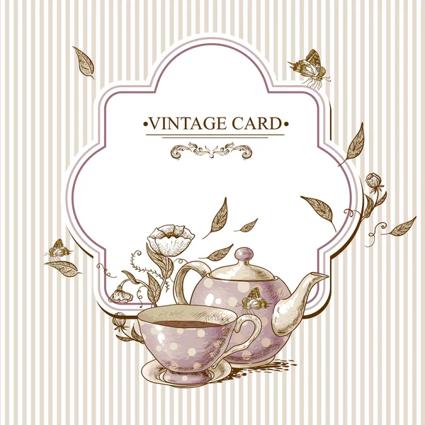 Invitation Vintage Card with Cup, Pot and Flowers