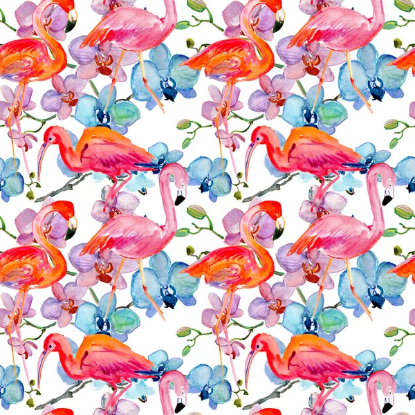 Seamless pattern with bright flowers and flamingo