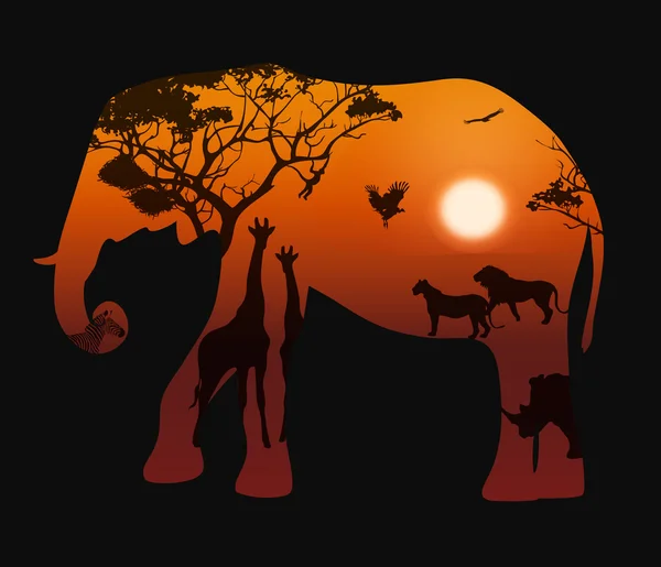 Elephant with silhouettes of animals savanna 2