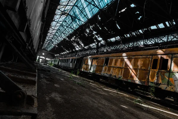 Train wreck in an abandoned warehouse