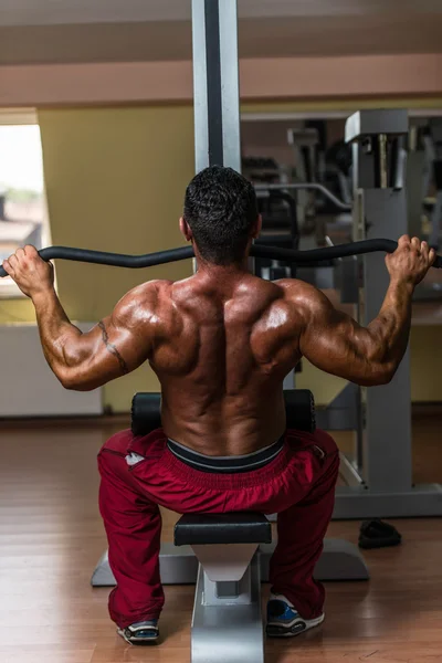 Shirtless bodybuilder doing heavy weight exercise for back