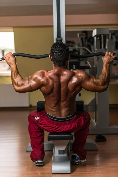 Shirtless bodybuilder doing heavy weight exercise for back