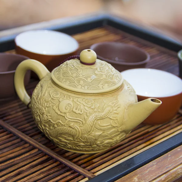 Chinese tea ceremony on bamboo table